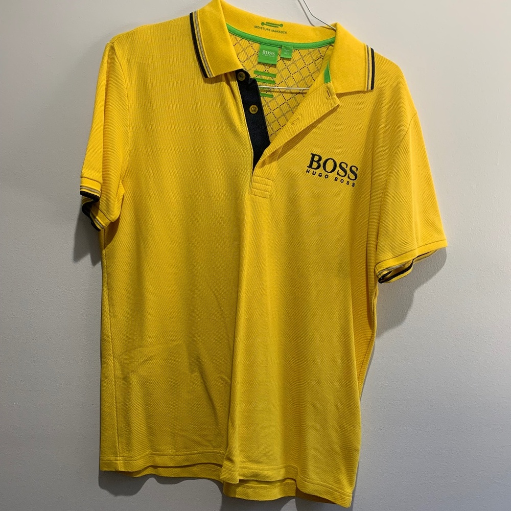 Hugo Boss polo Golf Shirt bright yellow modern fit Large L moisture manager logo